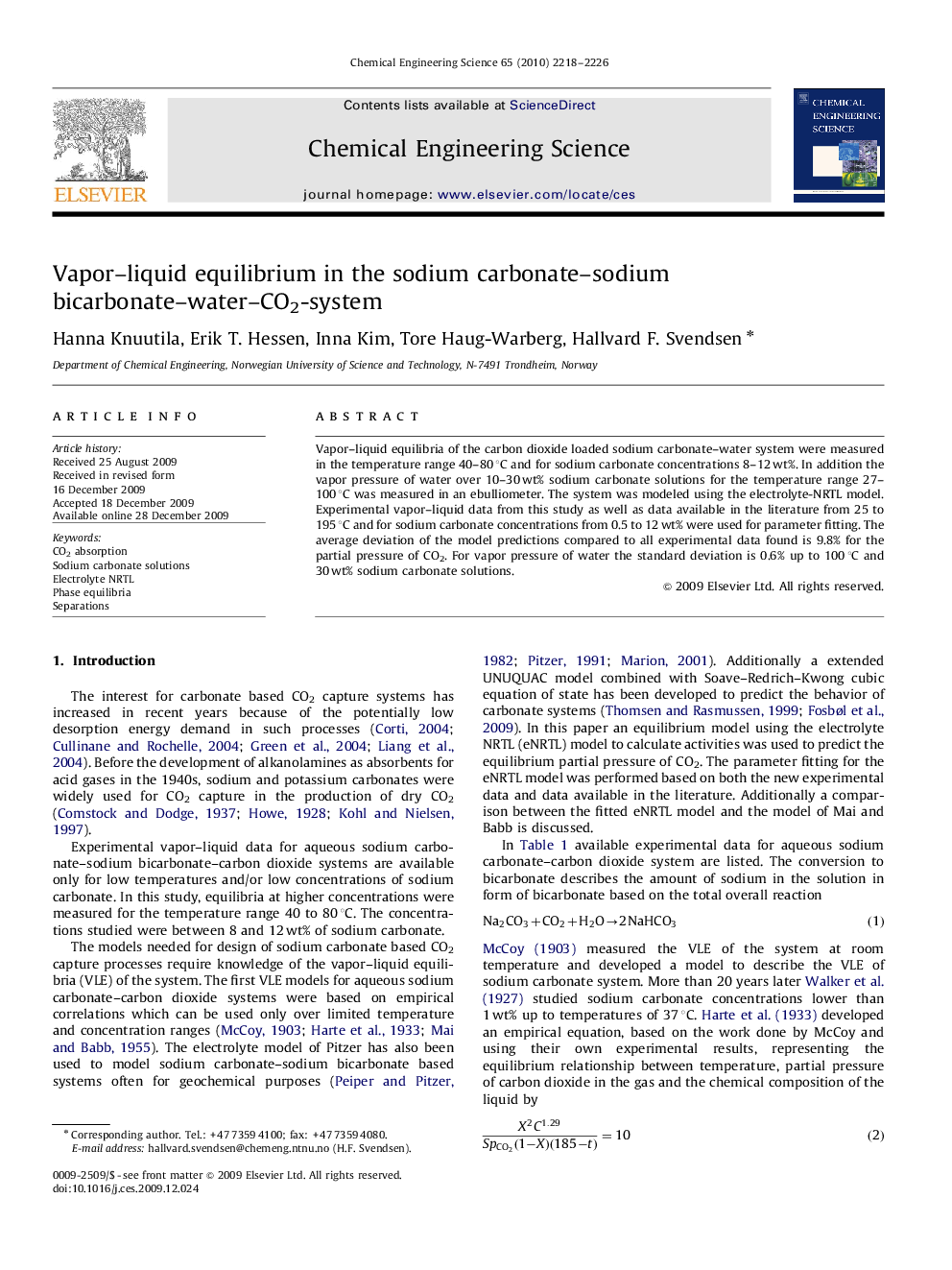 Vapor–liquid equilibrium in the sodium carbonate–sodium bicarbonate–water–CO2-system