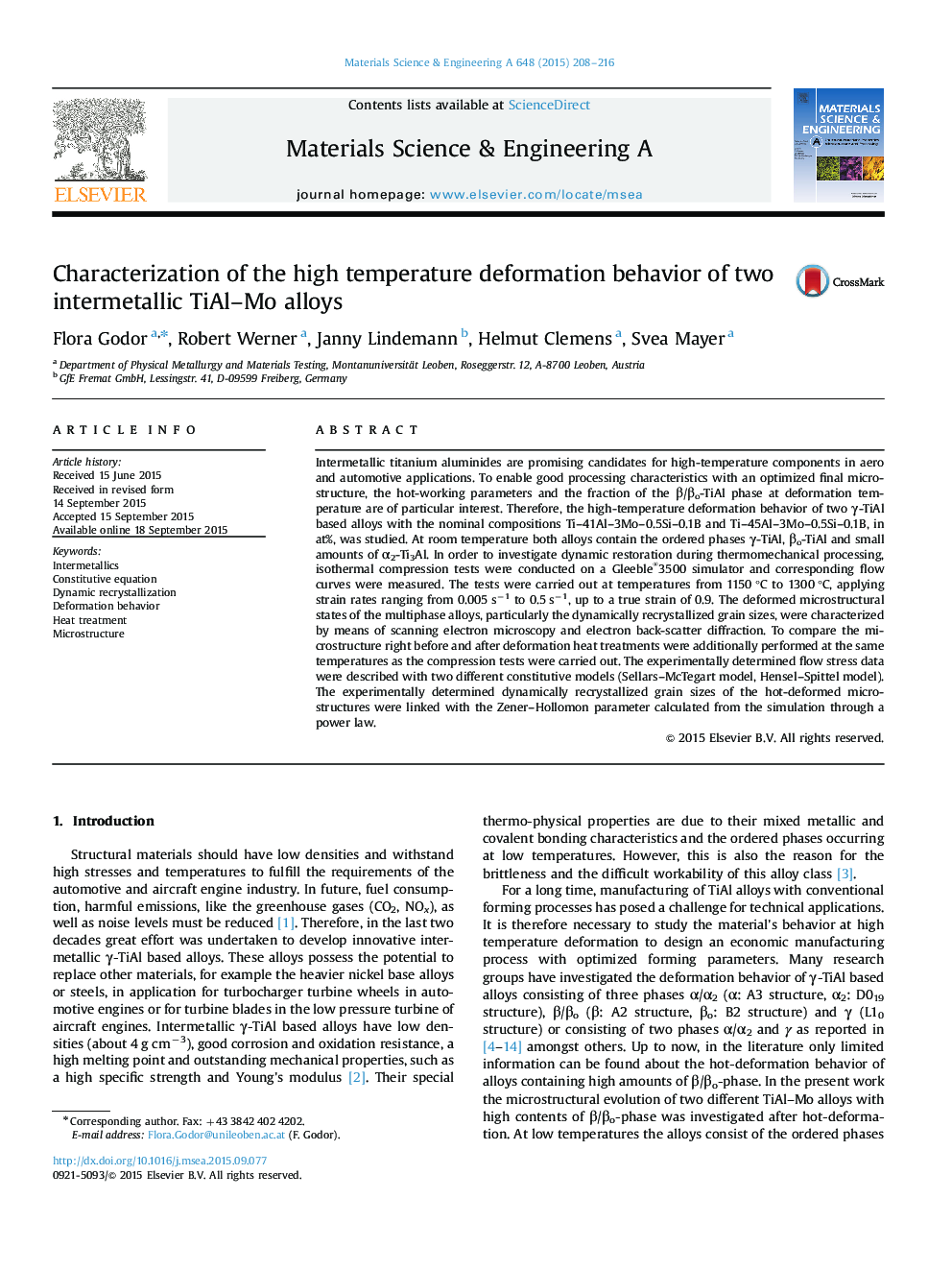 Characterization of the high temperature deformation behavior of two intermetallic TiAl-Mo alloys