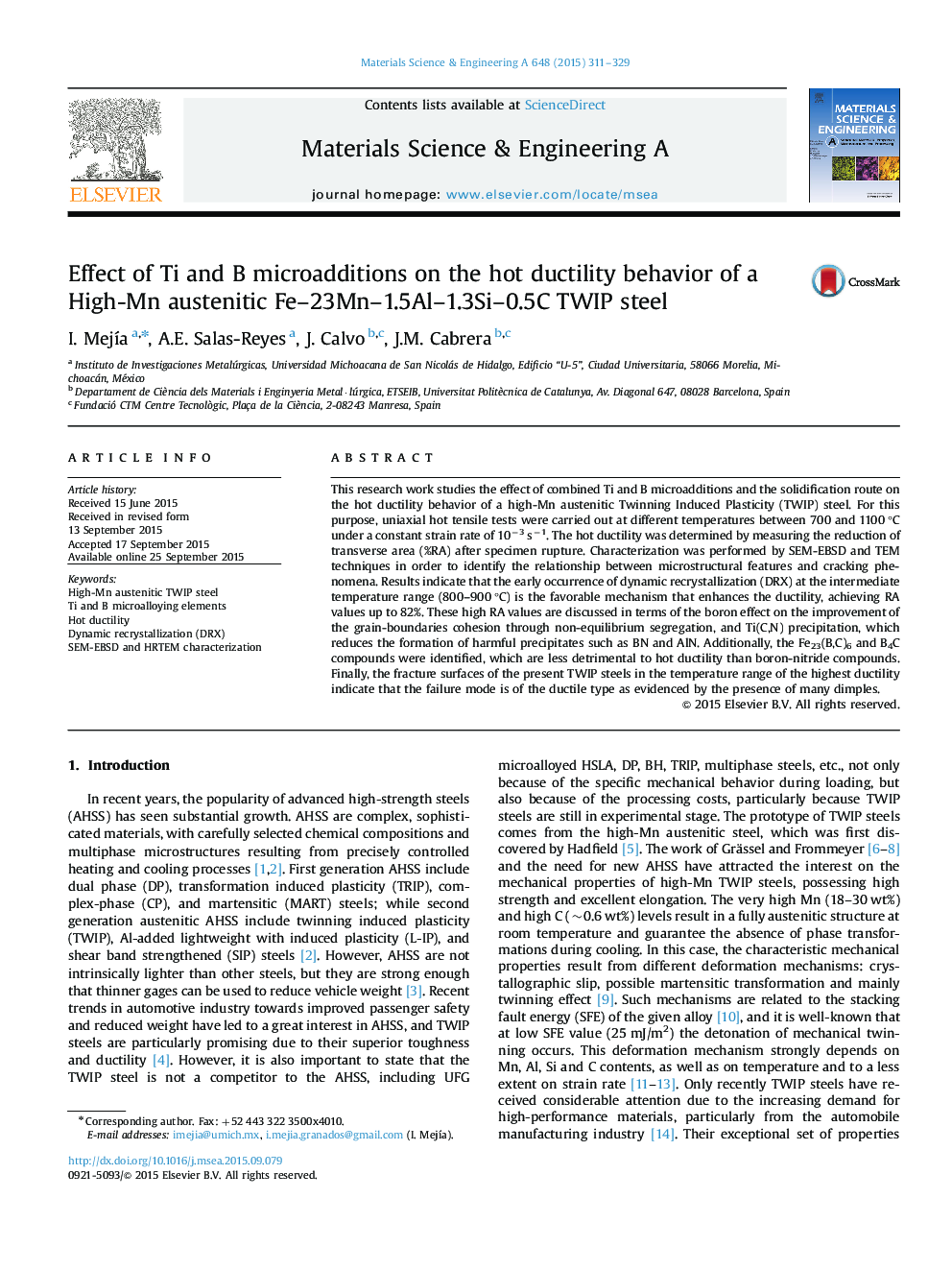 Effect of Ti and B microadditions on the hot ductility behavior of a High-Mn austenitic Fe-23Mn-1.5Al-1.3Si-0.5C TWIP steel