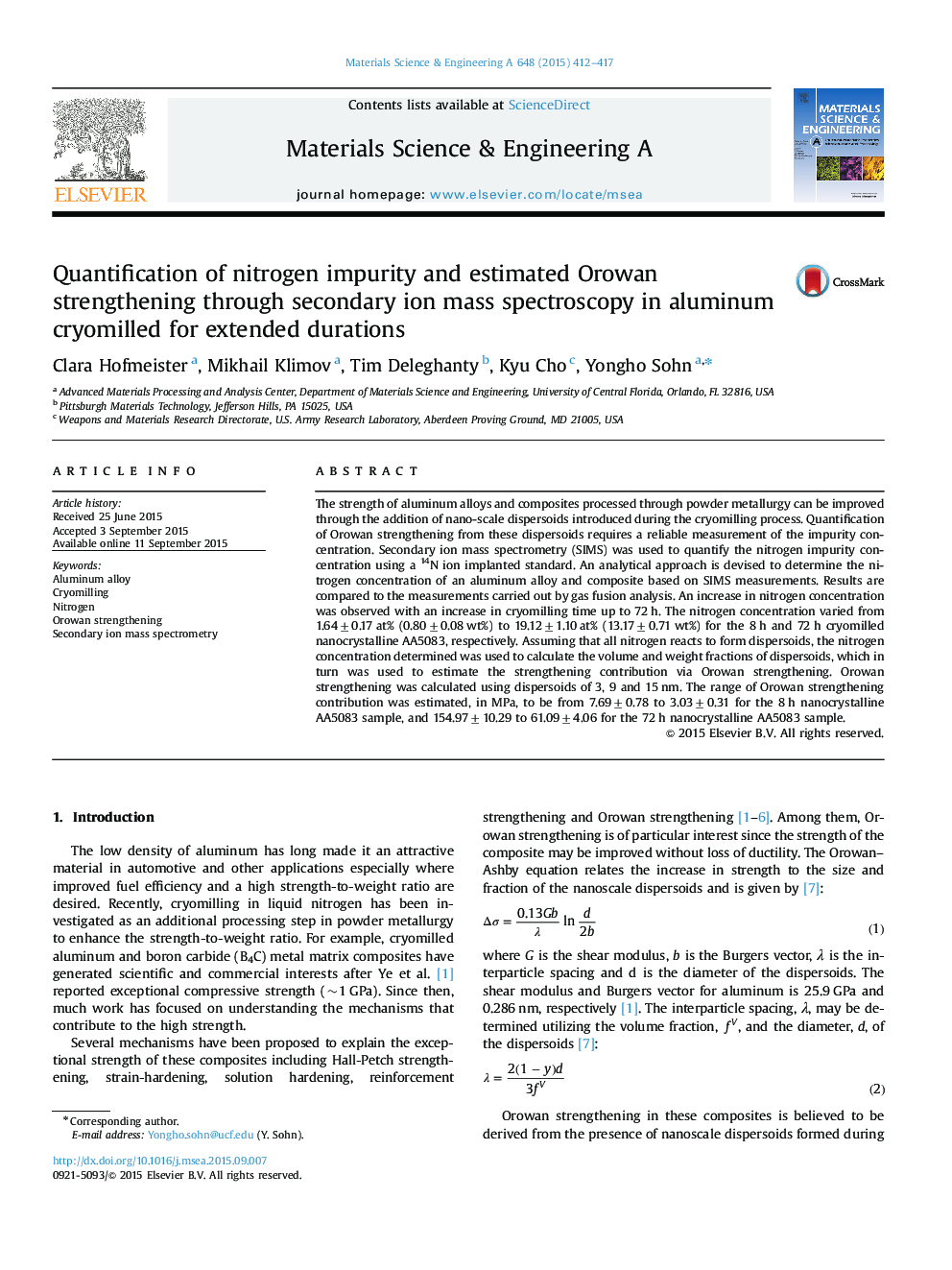 Quantification of nitrogen impurity and estimated Orowan strengthening through secondary ion mass spectroscopy in aluminum cryomilled for extended durations