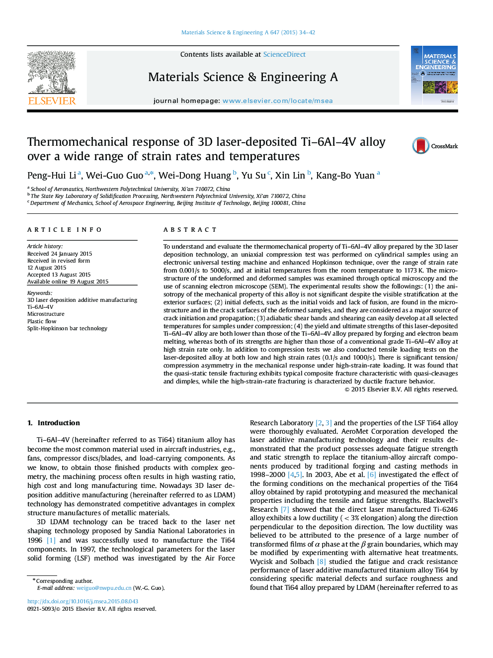 Thermomechanical response of 3D laser-deposited Ti-6Al-4V alloy over a wide range of strain rates and temperatures