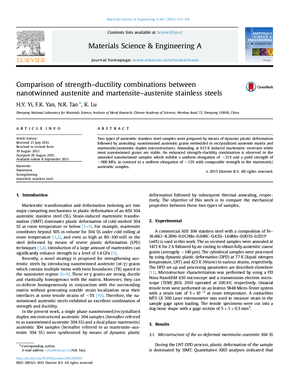 Comparison of strength-ductility combinations between nanotwinned austenite and martensite-austenite stainless steels