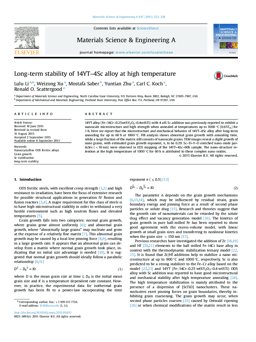 Long-term stability of 14YT-4Sc alloy at high temperature