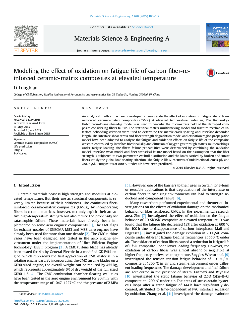 Modeling the effect of oxidation on fatigue life of carbon fiber-reinforced ceramic-matrix composites at elevated temperature