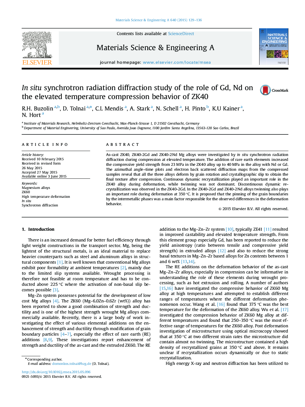 In situ synchrotron radiation diffraction study of the role of Gd, Nd on the elevated temperature compression behavior of ZK40