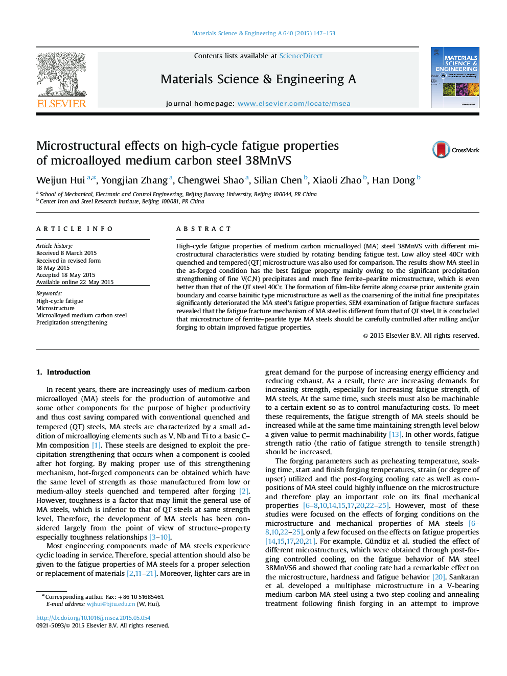 Microstructural effects on high-cycle fatigue properties of microalloyed medium carbon steel 38MnVS