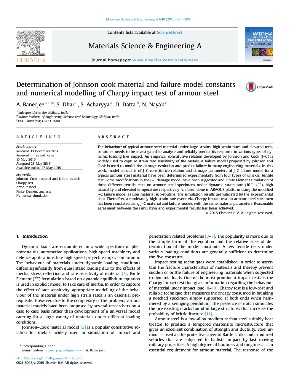 Determination of Johnson cook material and failure model constants and numerical modelling of Charpy impact test of armour steel