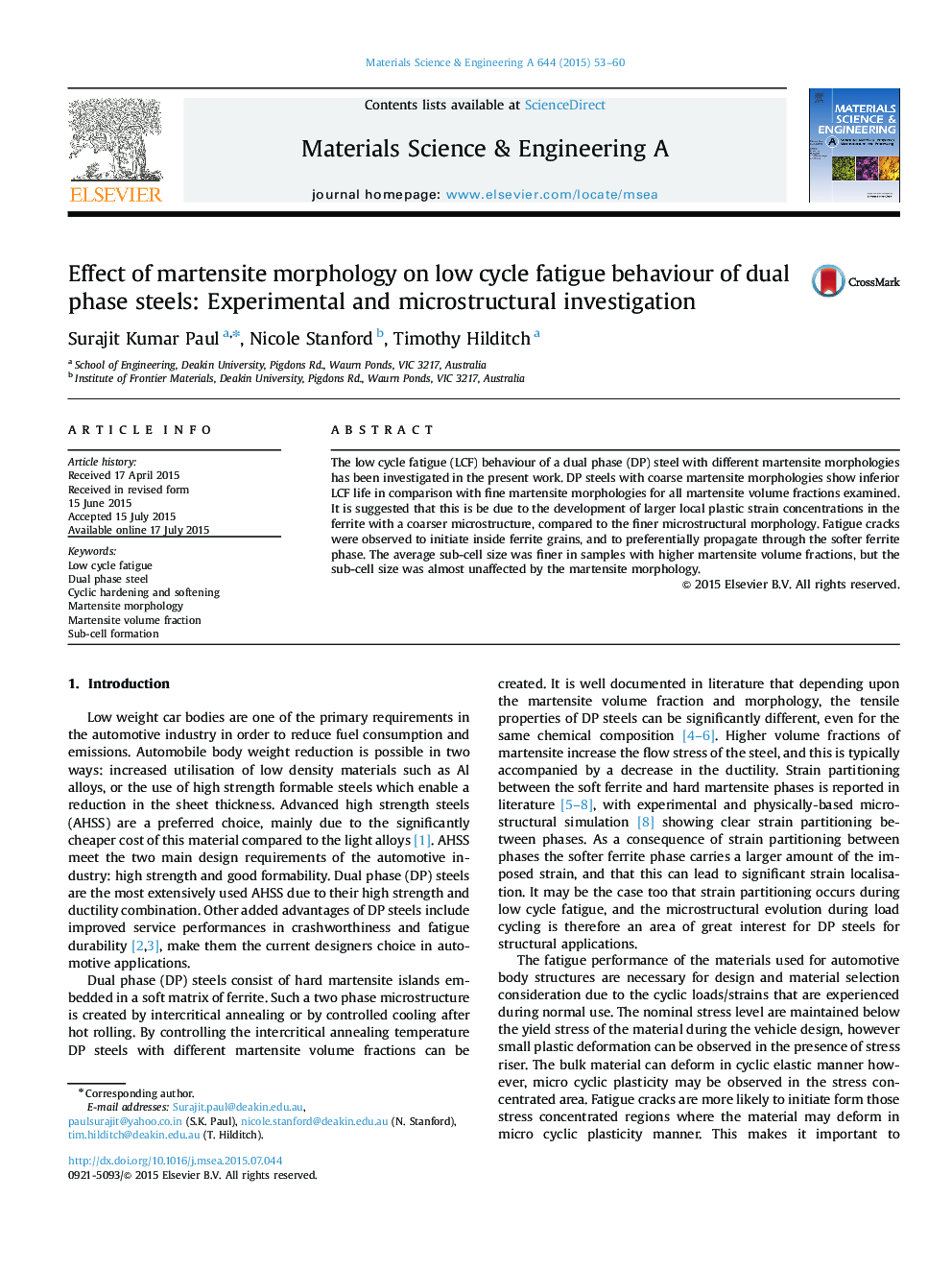 Effect of martensite morphology on low cycle fatigue behaviour of dual phase steels: Experimental and microstructural investigation