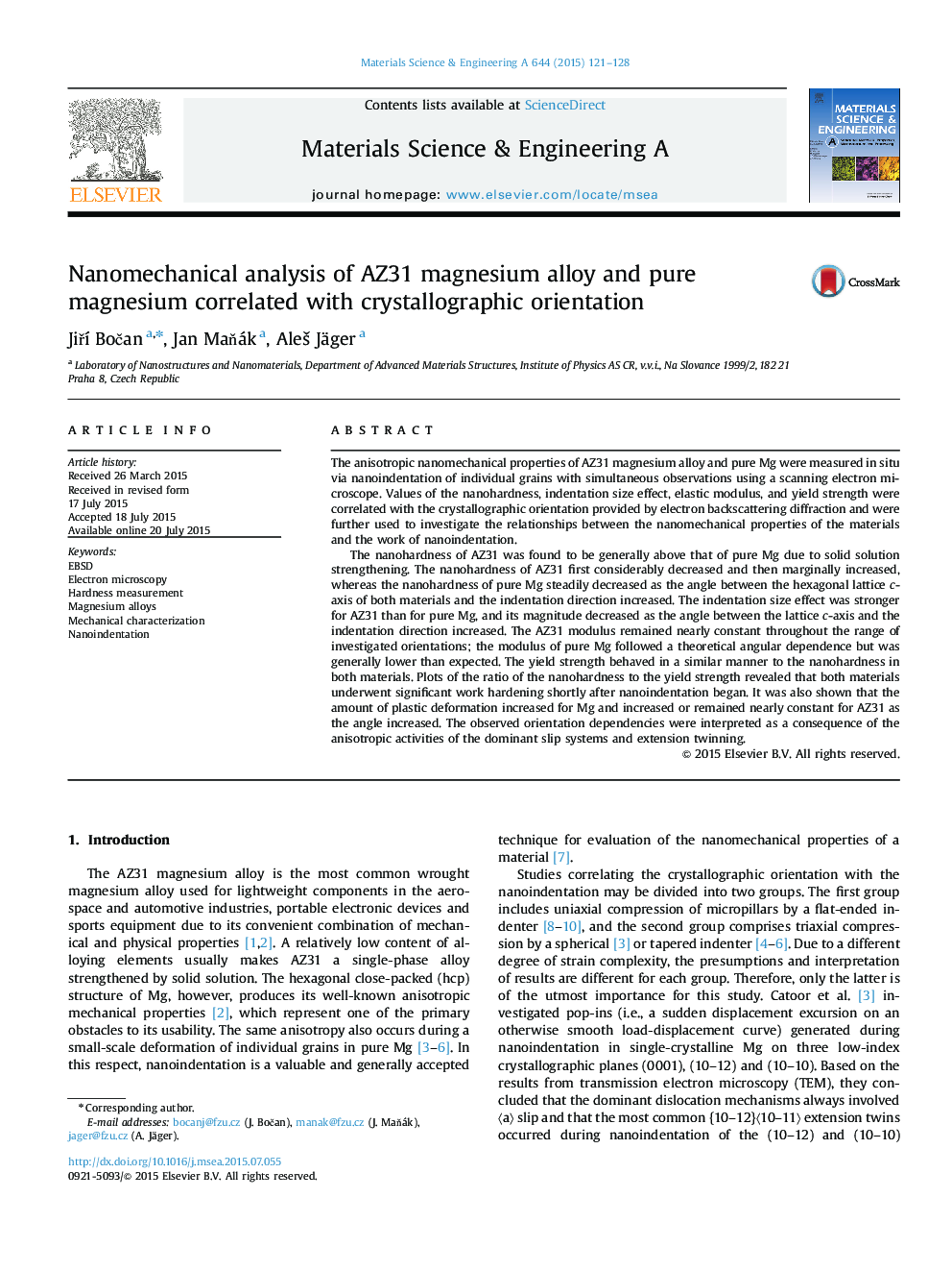 Nanomechanical analysis of AZ31 magnesium alloy and pure magnesium correlated with crystallographic orientation