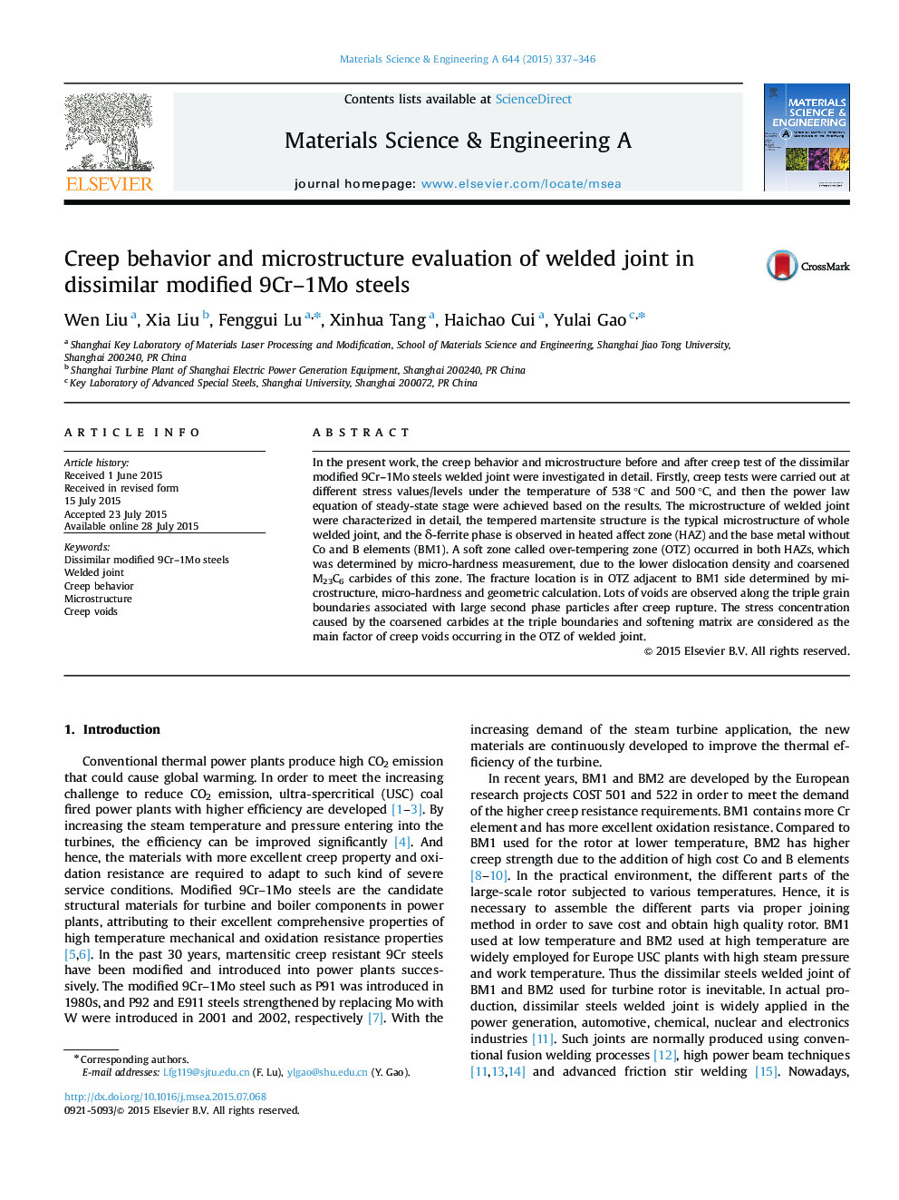 Creep behavior and microstructure evaluation of welded joint in dissimilar modified 9Cr-1Mo steels