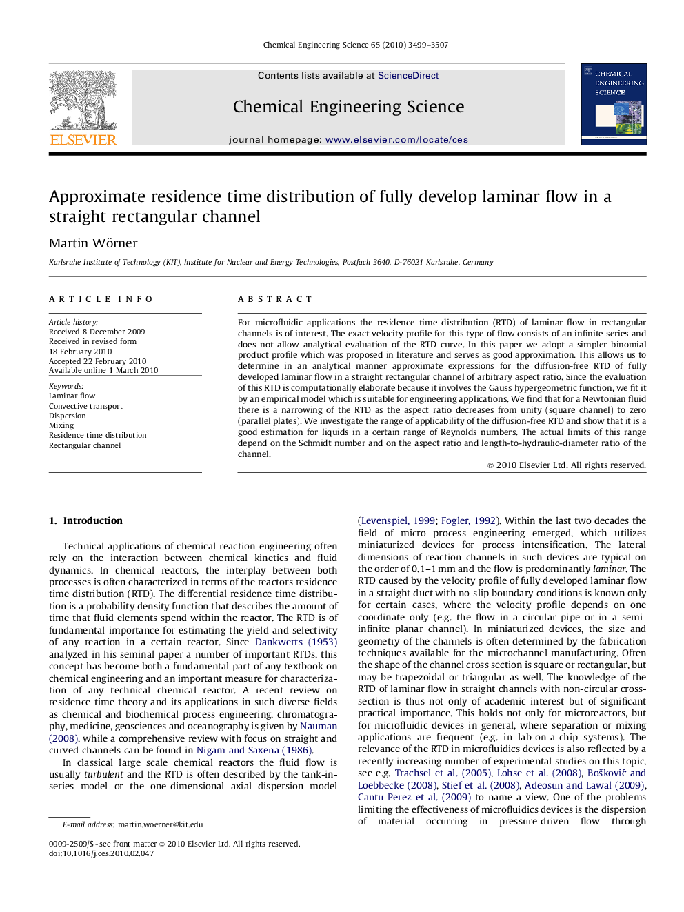 Approximate residence time distribution of fully develop laminar flow in a straight rectangular channel