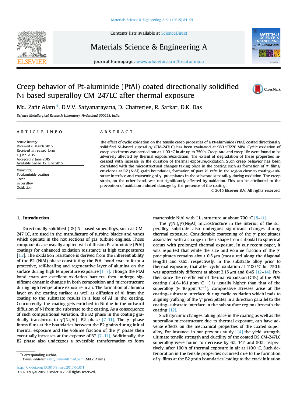 Creep behavior of Pt-aluminide (PtAl) coated directionally solidified Ni-based superalloy CM-247LC after thermal exposure