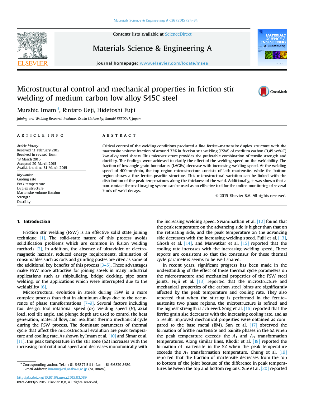 Microstructural control and mechanical properties in friction stir welding of medium carbon low alloy S45C steel