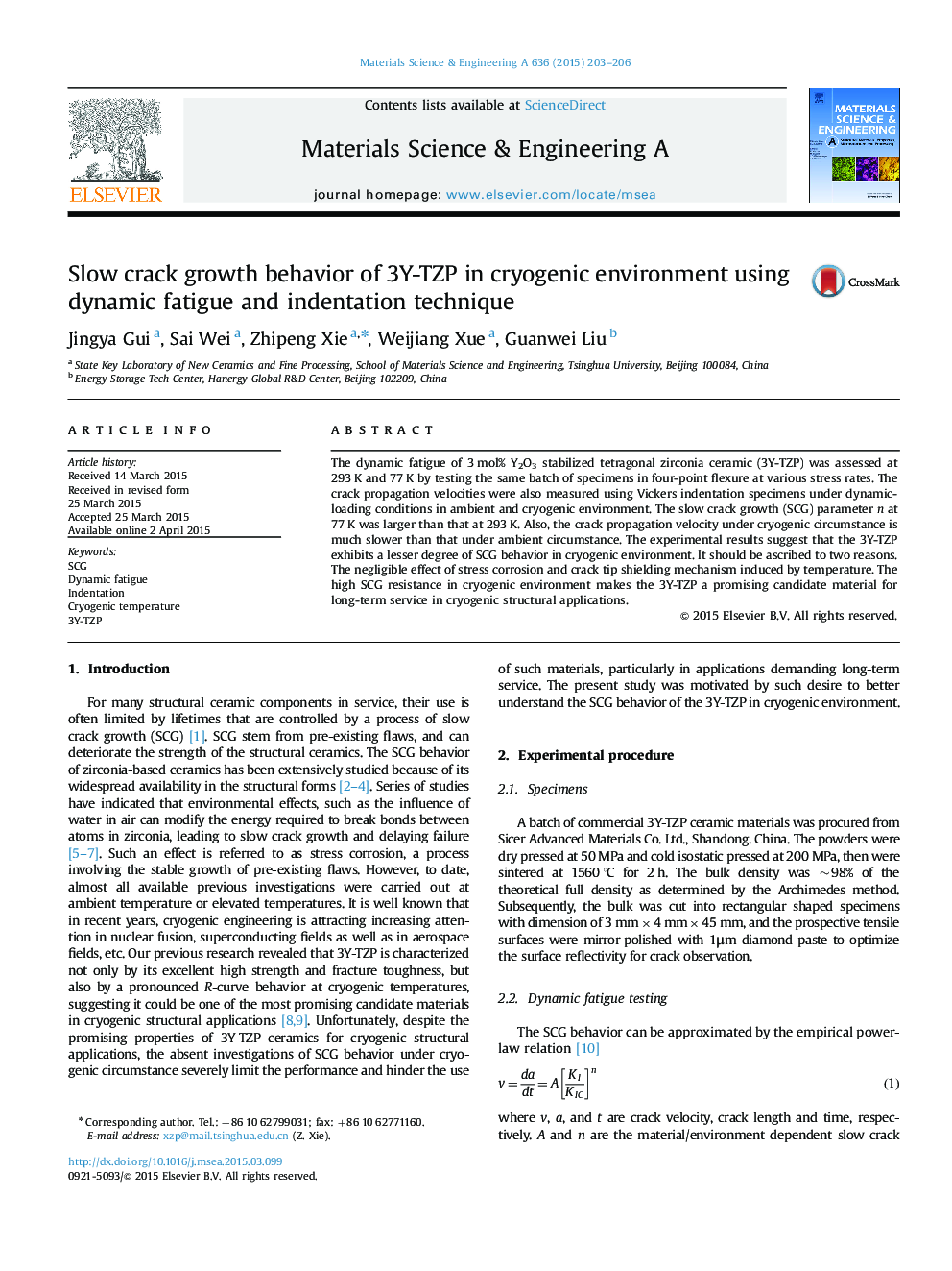 Slow crack growth behavior of 3Y-TZP in cryogenic environment using dynamic fatigue and indentation technique