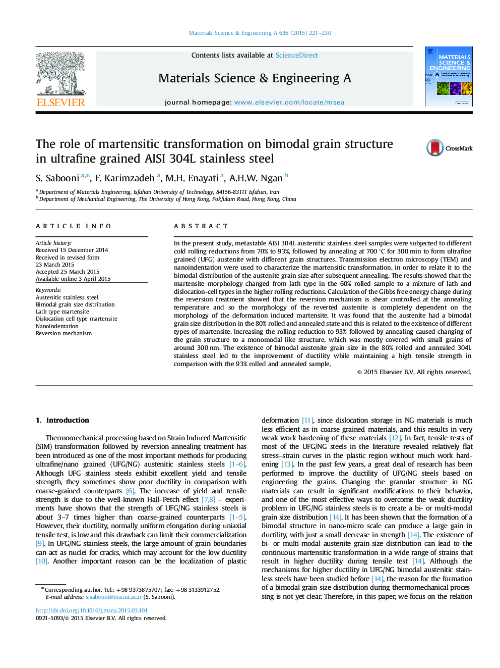 The role of martensitic transformation on bimodal grain structure in ultrafine grained AISI 304L stainless steel