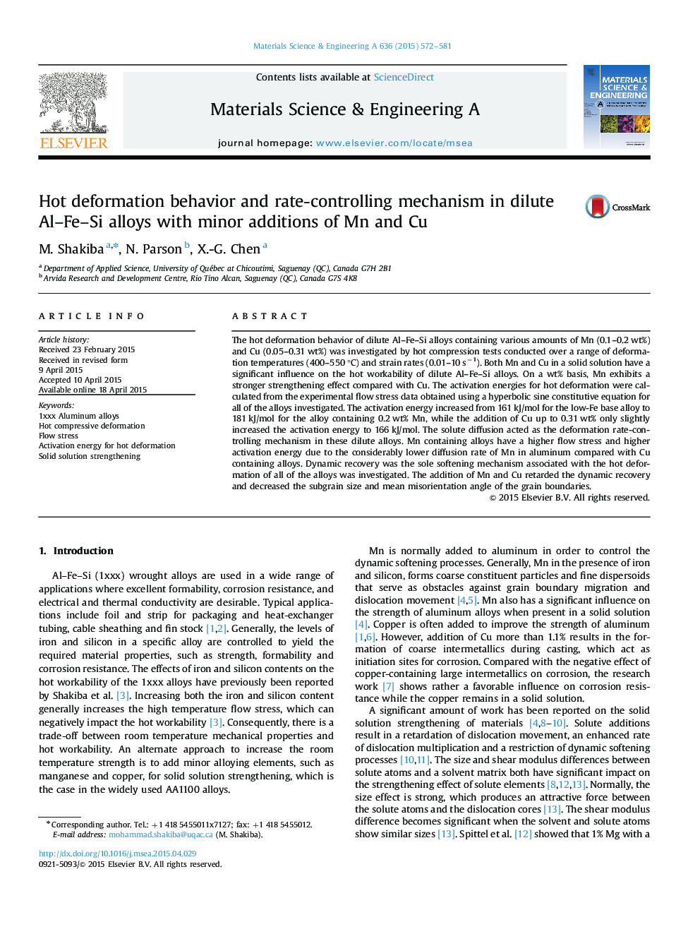 Hot deformation behavior and rate-controlling mechanism in dilute Al-Fe-Si alloys with minor additions of Mn and Cu