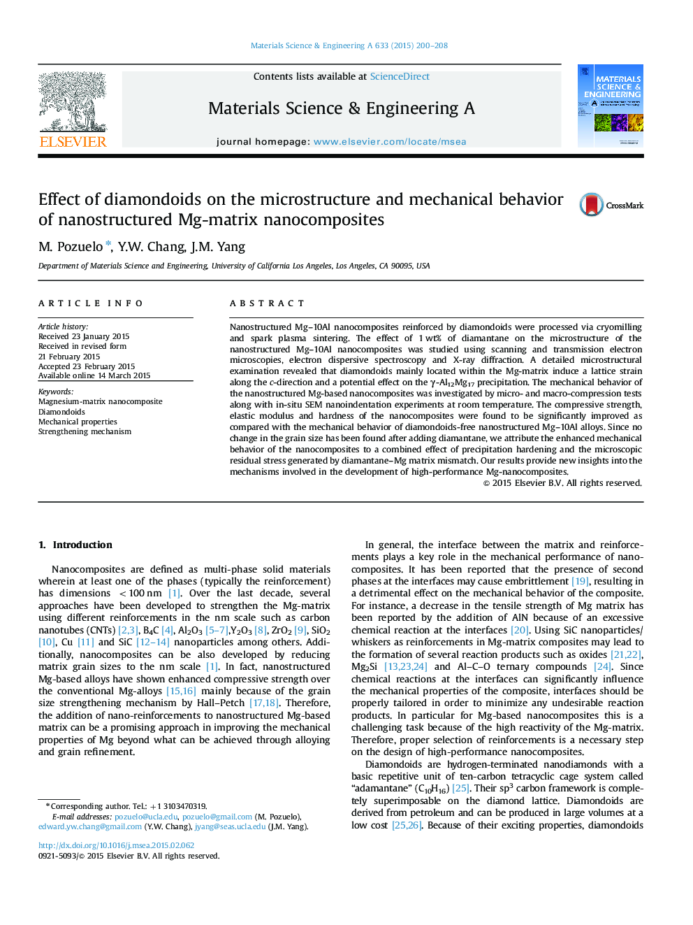 Effect of diamondoids on the microstructure and mechanical behavior of nanostructured Mg-matrix nanocomposites