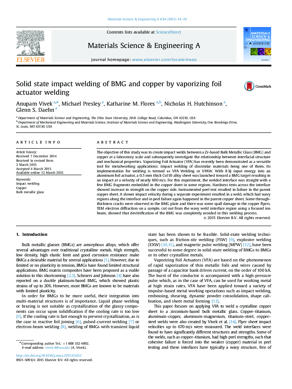 Solid state impact welding of BMG and copper by vaporizing foil actuator welding