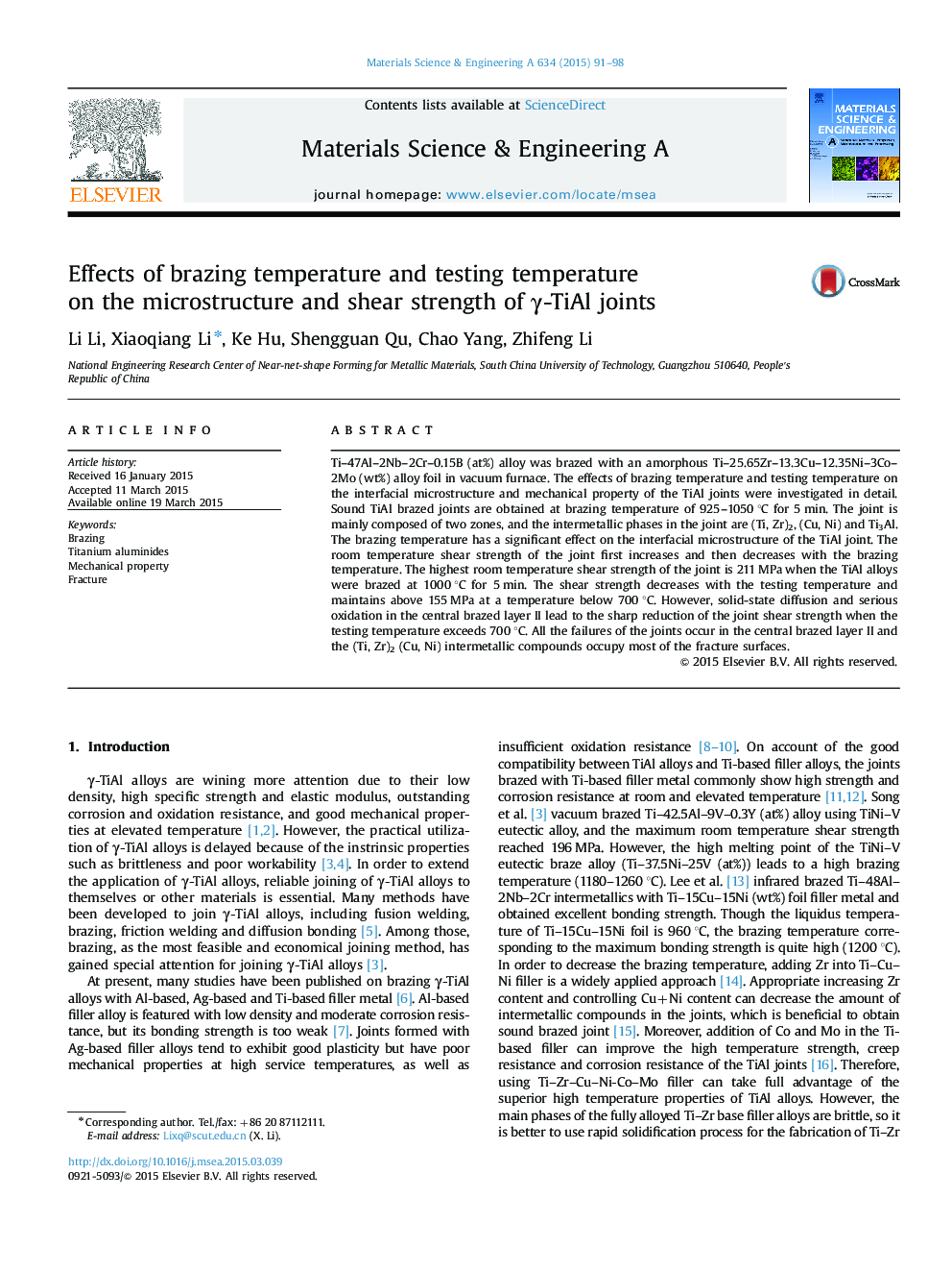 Effects of brazing temperature and testing temperature on the microstructure and shear strength of Î³-TiAl joints