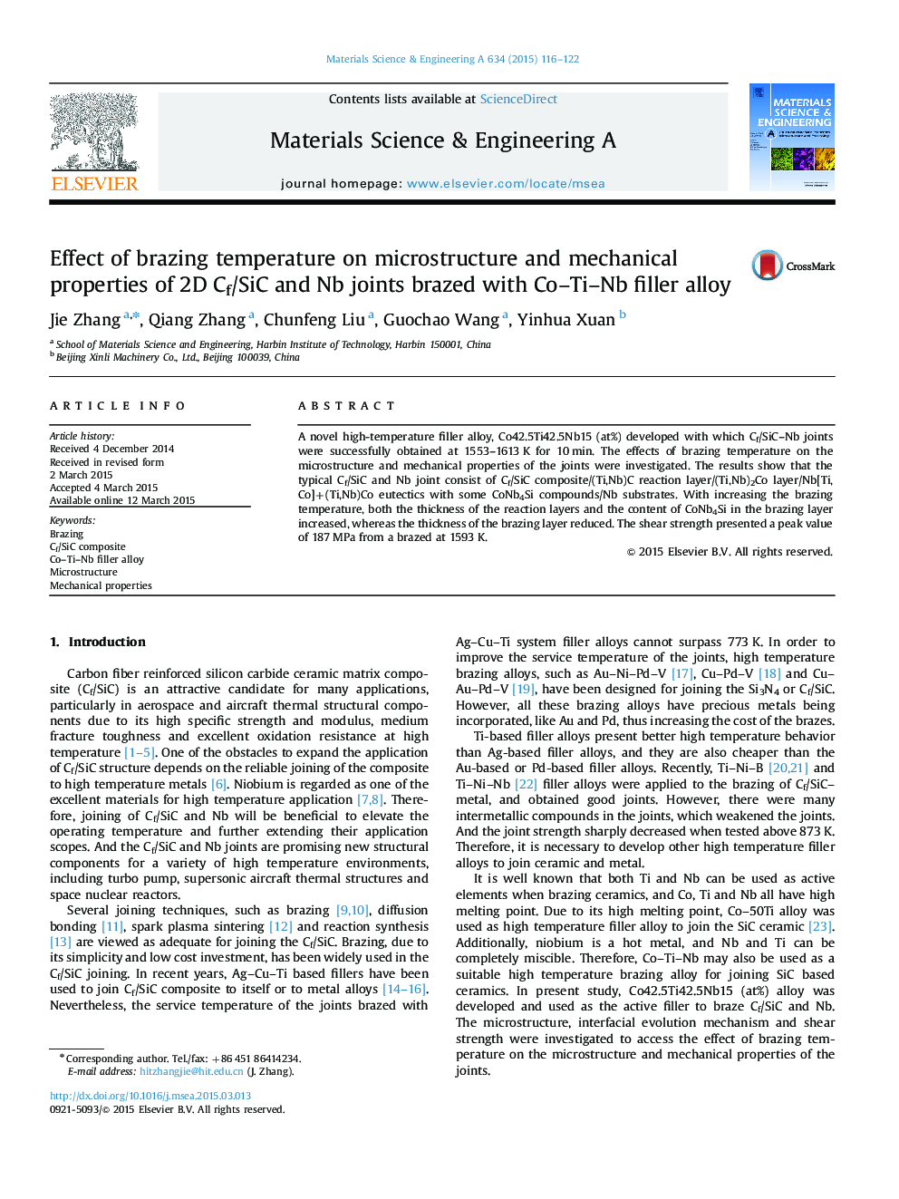 Effect of brazing temperature on microstructure and mechanical properties of 2D Cf/SiC and Nb joints brazed with Co-Ti-Nb filler alloy