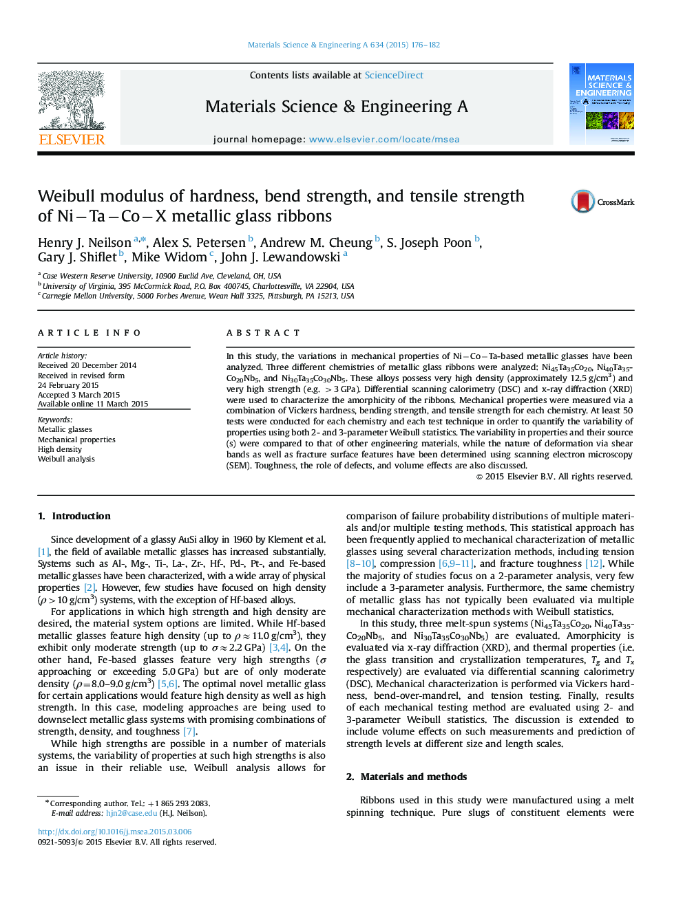 Weibull modulus of hardness, bend strength, and tensile strength of Ni−Ta−Co−X metallic glass ribbons