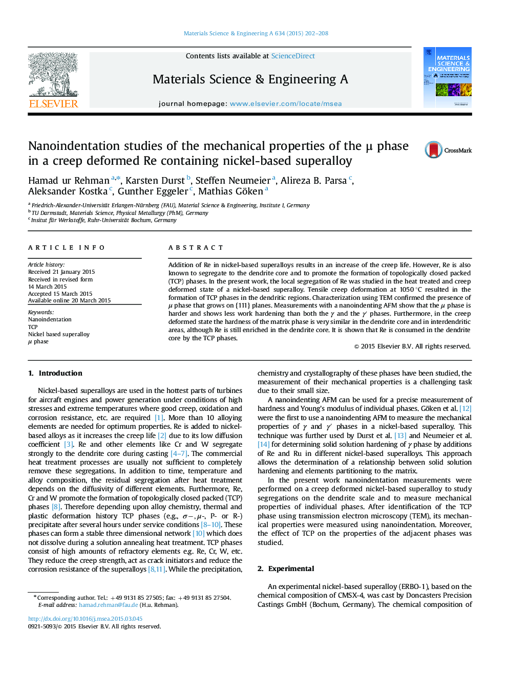 Nanoindentation studies of the mechanical properties of the Î¼ phase in a creep deformed Re containing nickel-based superalloy