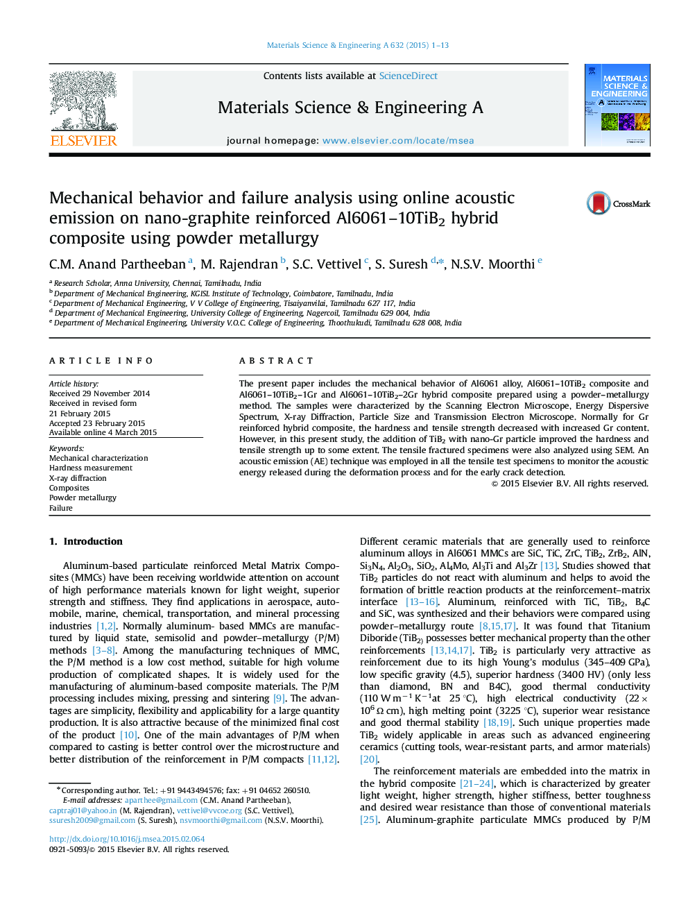 Mechanical behavior and failure analysis using online acoustic emission on nano-graphite reinforced Al6061-10TiB2 hybrid composite using powder metallurgy