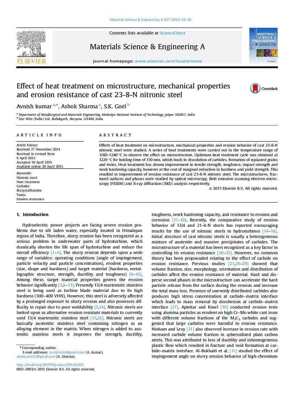 Effect of heat treatment on microstructure, mechanical properties and erosion resistance of cast 23-8-N nitronic steel