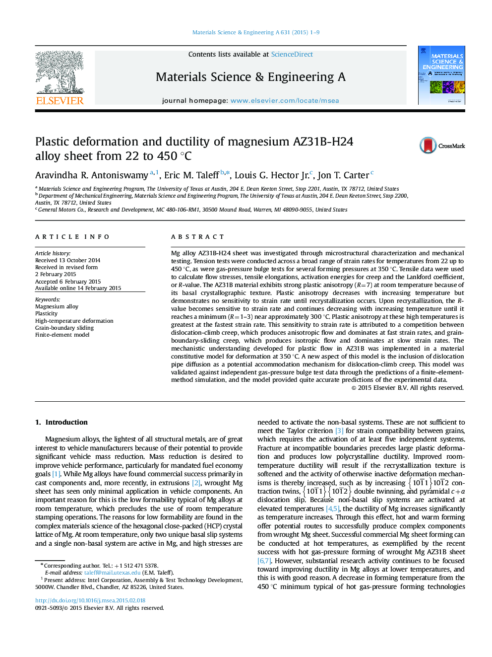Plastic deformation and ductility of magnesium AZ31B-H24 alloy sheet from 22 to 450Â Â°C