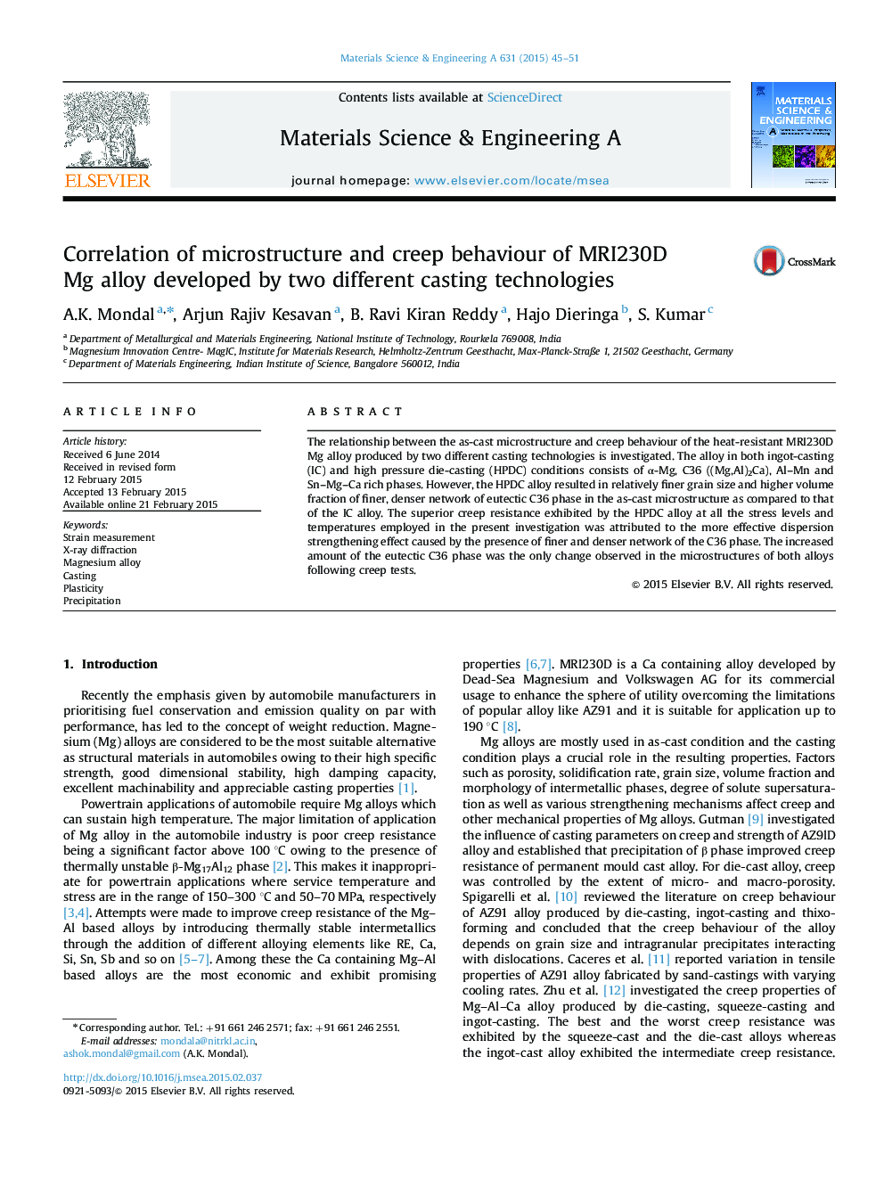 Correlation of microstructure and creep behaviour of MRI230D Mg alloy developed by two different casting technologies