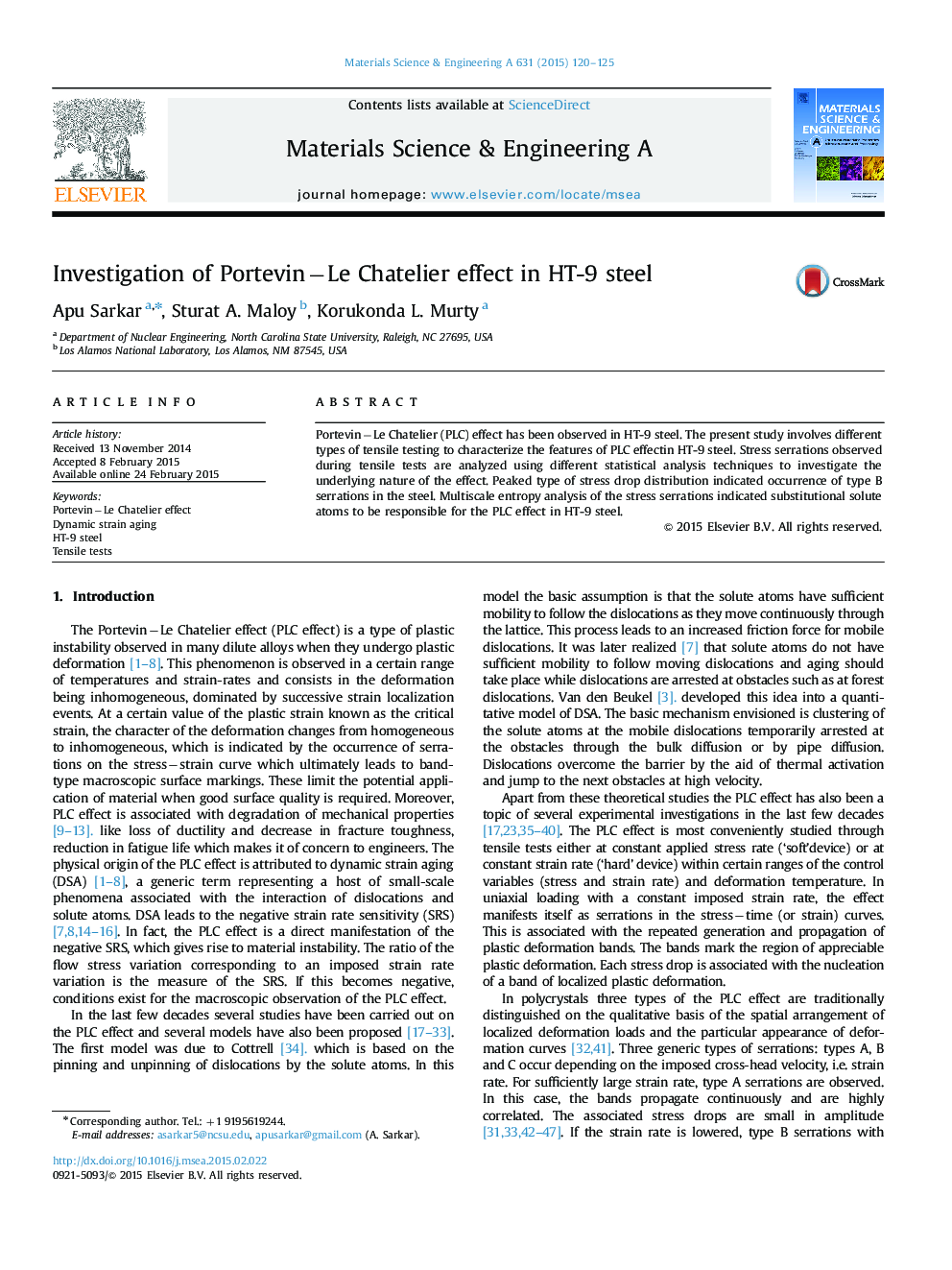 Investigation of Portevin−Le Chatelier effect in HT-9 steel