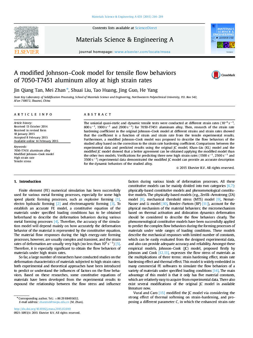 A modified Johnson–Cook model for tensile flow behaviors of 7050-T7451 aluminum alloy at high strain rates