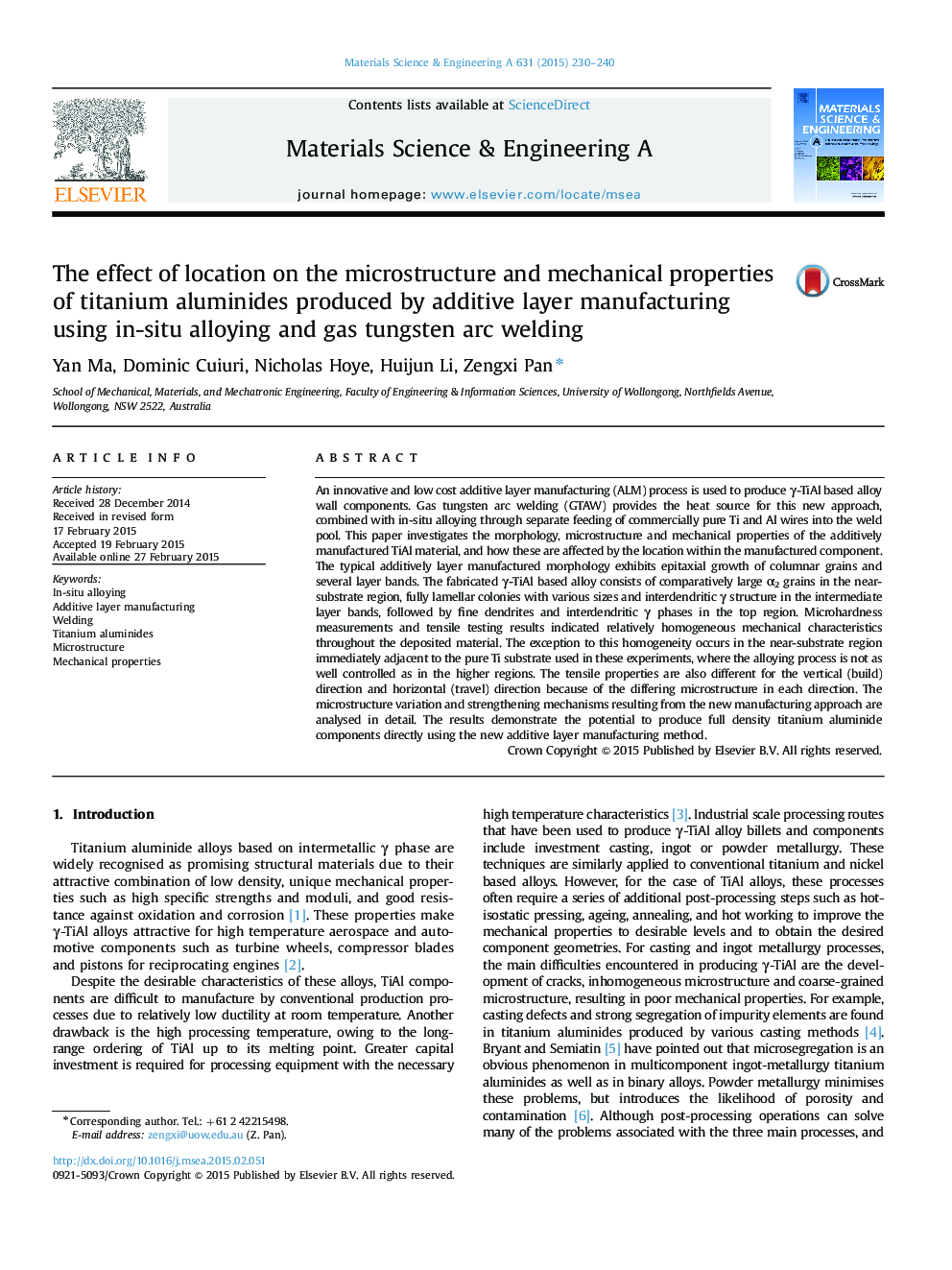The effect of location on the microstructure and mechanical properties of titanium aluminides produced by additive layer manufacturing using in-situ alloying and gas tungsten arc welding