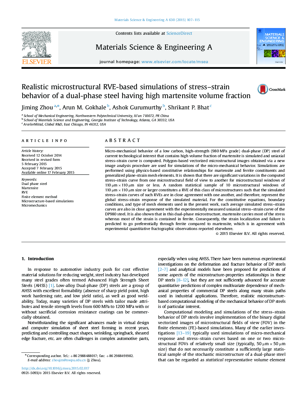 Realistic microstructural RVE-based simulations of stress–strain behavior of a dual-phase steel having high martensite volume fraction