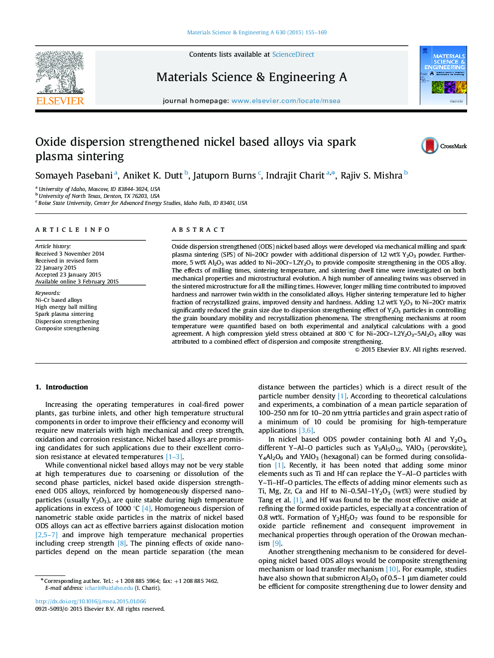 Oxide dispersion strengthened nickel based alloys via spark plasma sintering