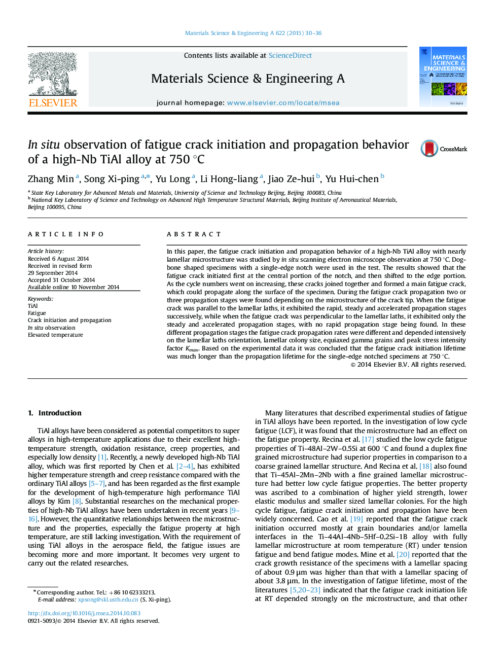 In situ observation of fatigue crack initiation and propagation behavior of a high-Nb TiAl alloy at 750 °C