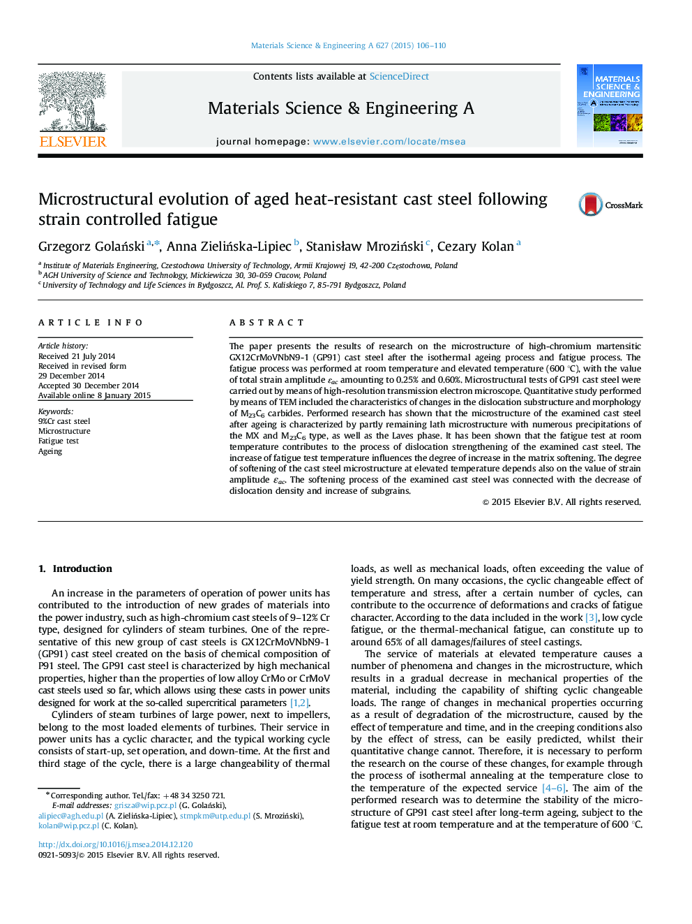 Microstructural evolution of aged heat-resistant cast steel following strain controlled fatigue