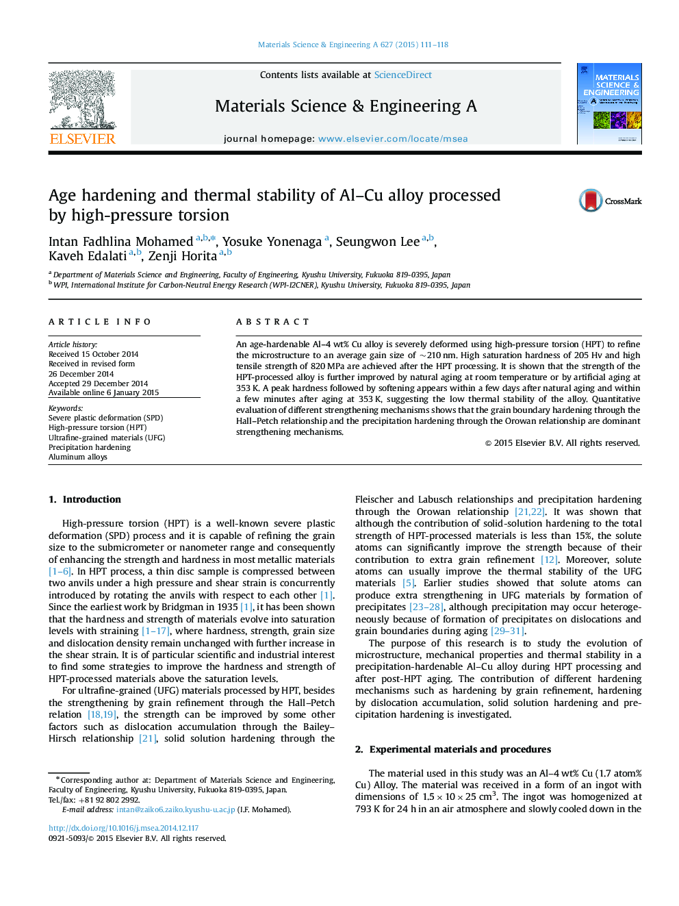 Age hardening and thermal stability of Al-Cu alloy processed by high-pressure torsion