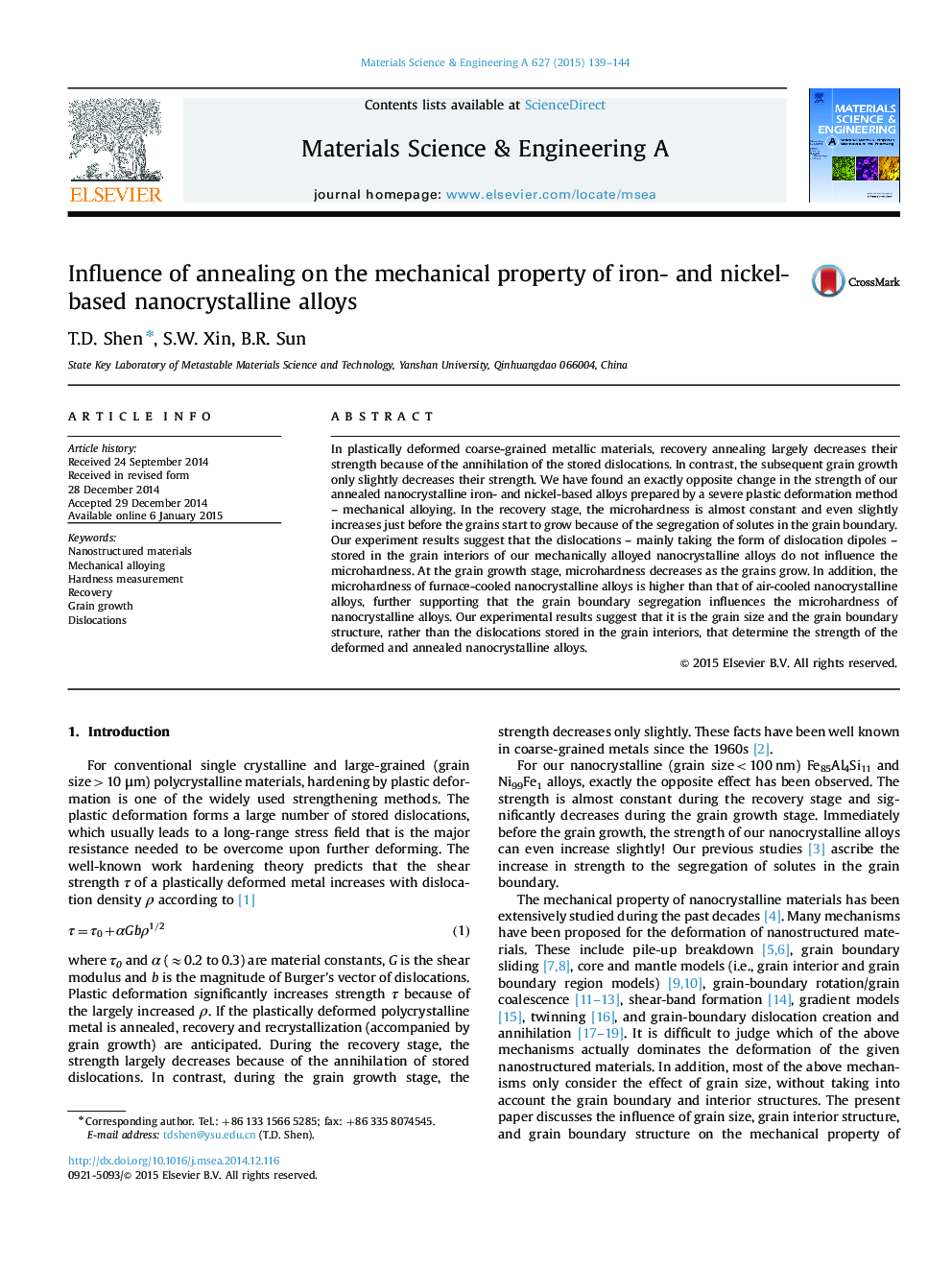 Influence of annealing on the mechanical property of iron- and nickel-based nanocrystalline alloys