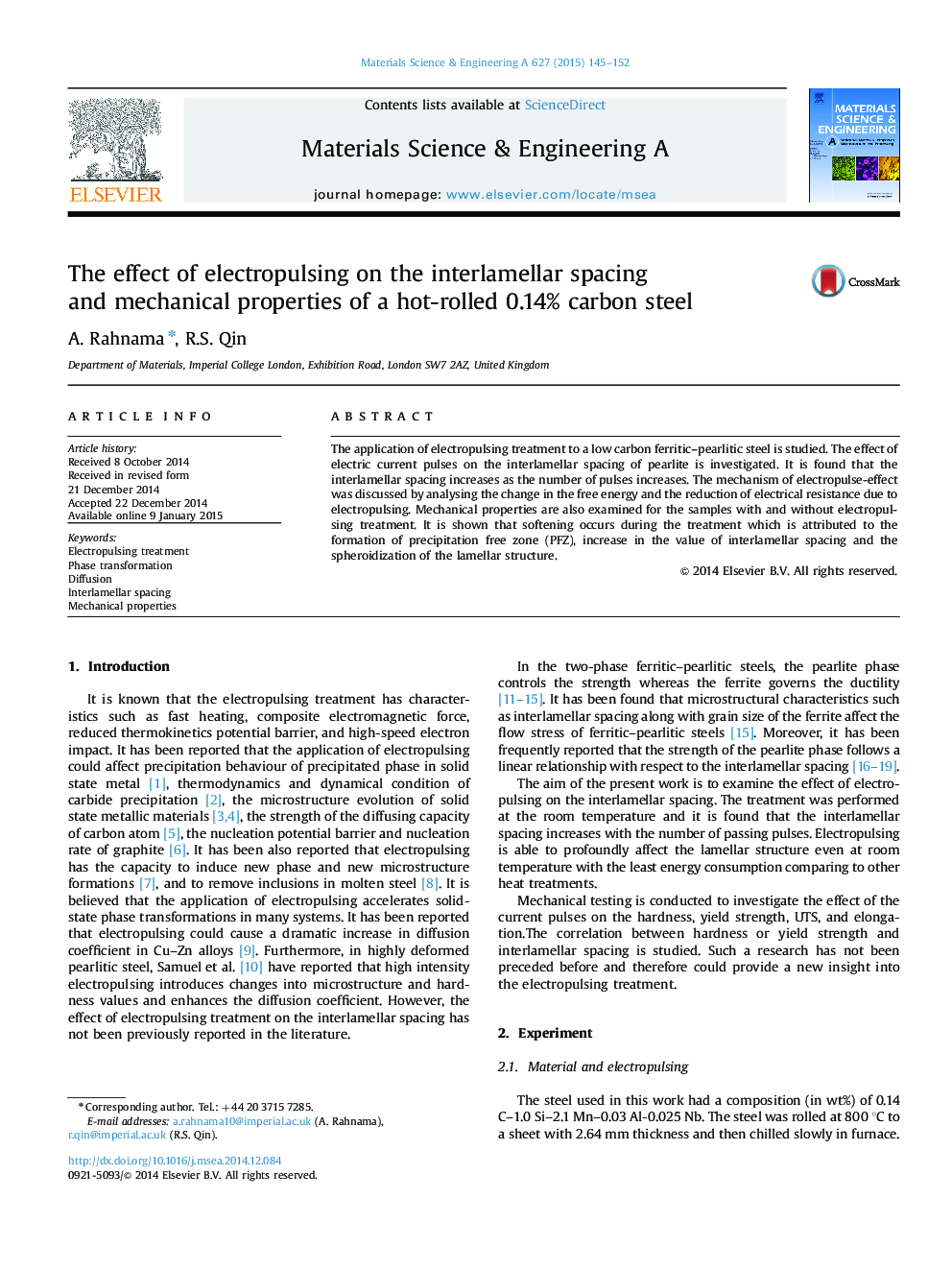 The effect of electropulsing on the interlamellar spacing and mechanical properties of a hot-rolled 0.14% carbon steel