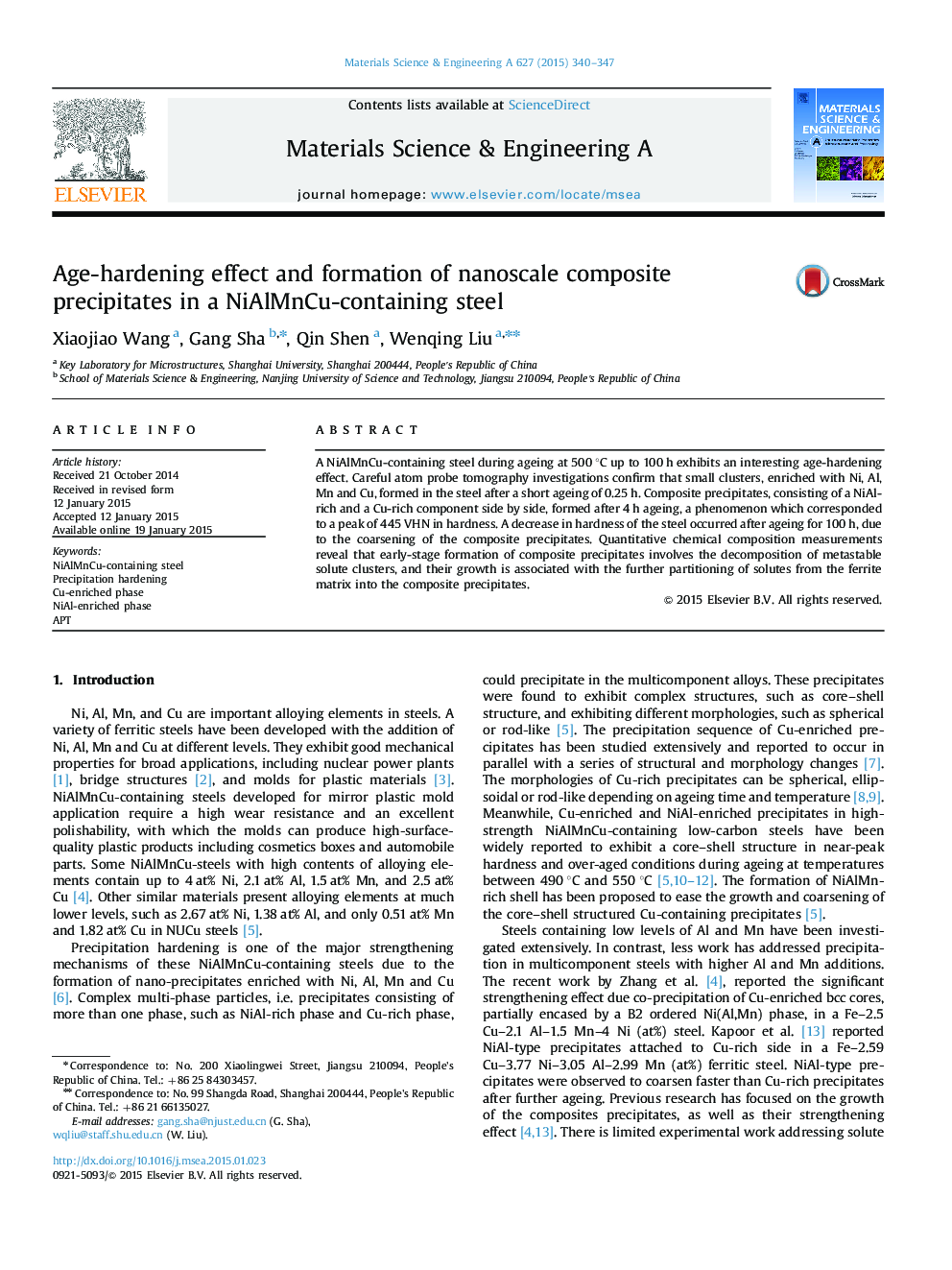 Age-hardening effect and formation of nanoscale composite precipitates in a NiAlMnCu-containing steel