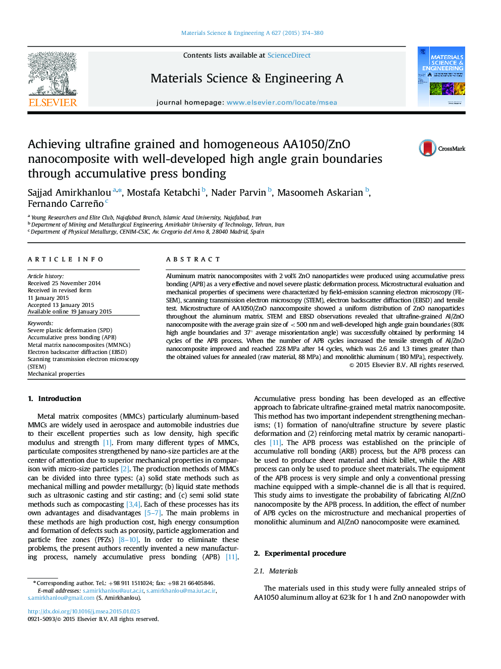 Achieving ultrafine grained and homogeneous AA1050/ZnO nanocomposite with well-developed high angle grain boundaries through accumulative press bonding