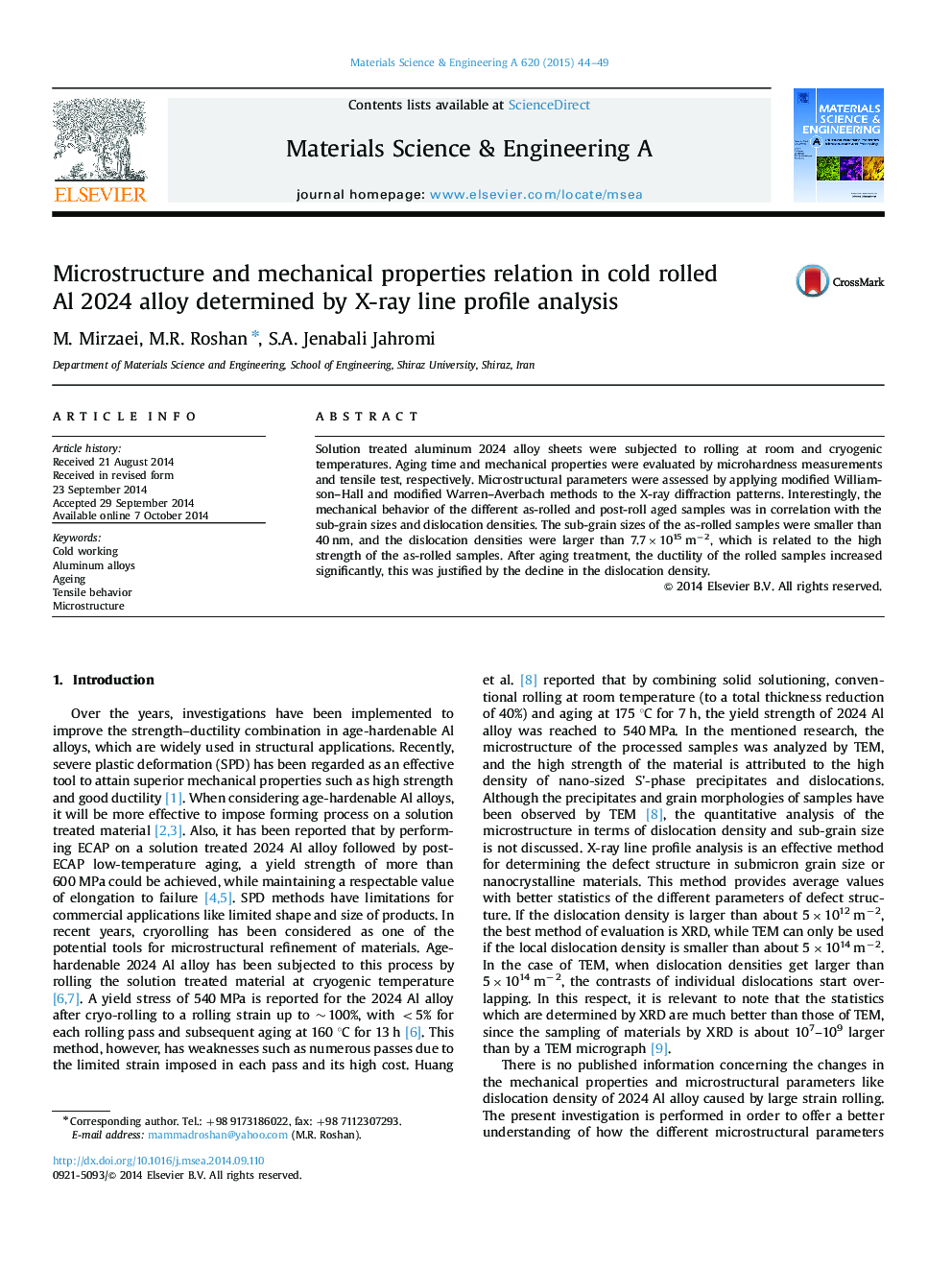 Microstructure and mechanical properties relation in cold rolled Al 2024 alloy determined by X-ray line profile analysis