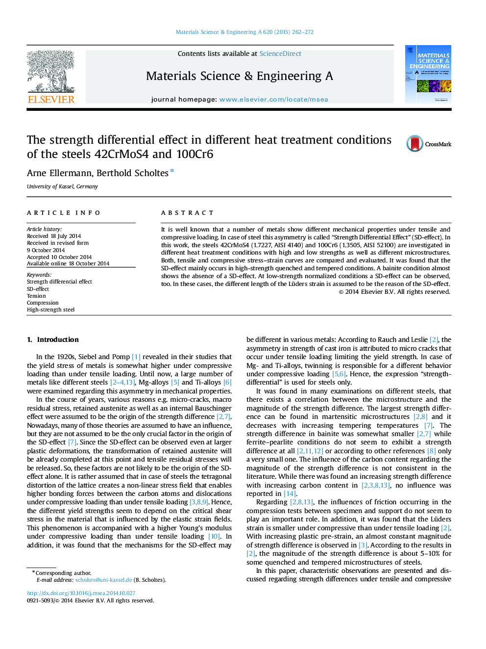 The strength differential effect in different heat treatment conditions of the steels 42CrMoS4 and 100Cr6