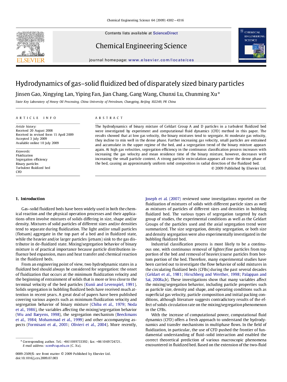 Hydrodynamics of gas–solid fluidized bed of disparately sized binary particles