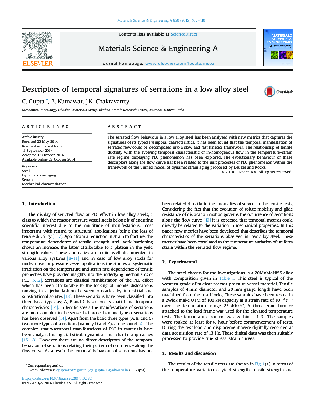 Descriptors of temporal signatures of serrations in a low alloy steel