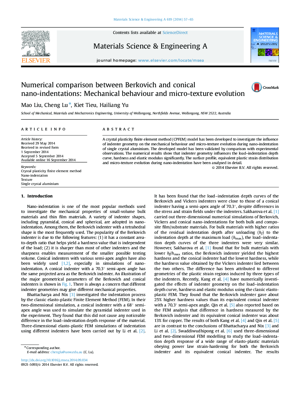 عکس صفحه اول مقاله: Numerical comparison between Berkovich and conical nano-indentations: Mechanical behaviour and micro-texture evolution Numerical comparison between Berkovich and conical nano-indentations: Mechanical behaviour and micro-texture evolution