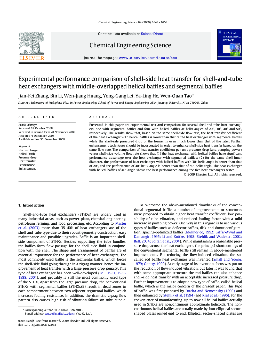 Experimental performance comparison of shell-side heat transfer for shell-and-tube heat exchangers with middle-overlapped helical baffles and segmental baffles