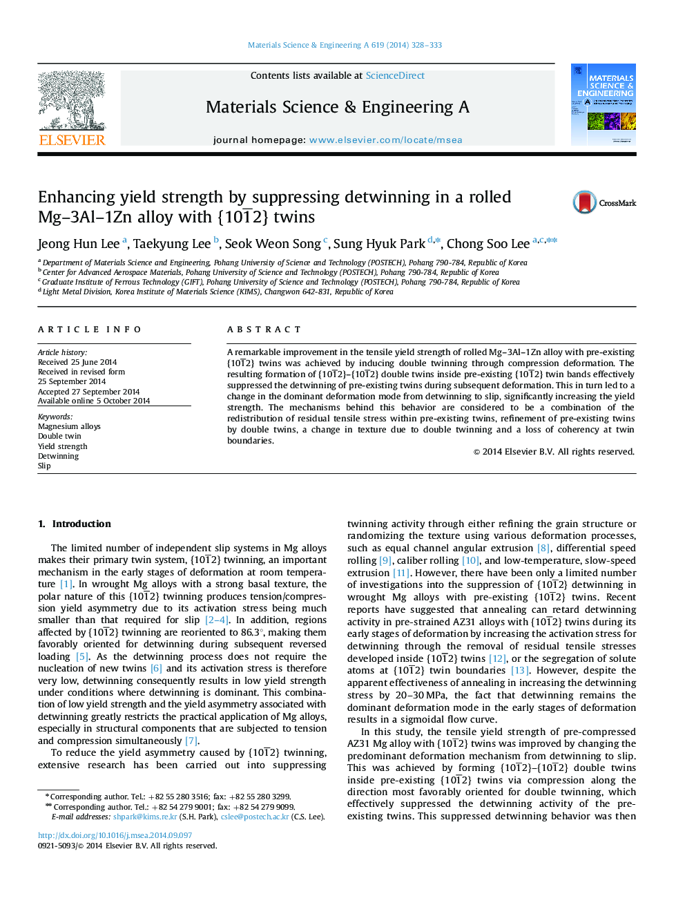 عکس صفحه اول مقاله: Enhancing yield strength by suppressing detwinning in a rolled Mg-3Al-1Zn alloy with {101¯2} twins Enhancing yield strength by suppressing detwinning in a rolled Mg-3Al-1Zn alloy with {101¯2} twins