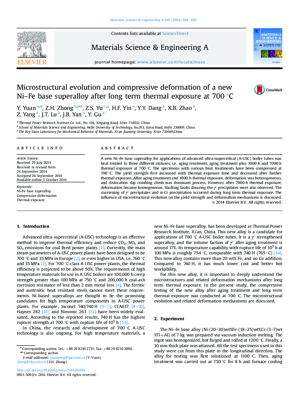 Microstructural evolution and compressive deformation of a new Ni-Fe base superalloy after long term thermal exposure at 700Â Â°C